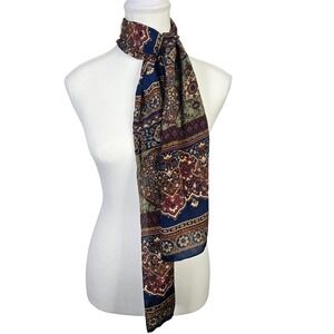 Vintage Echo Silk Scarf Blue Red Floral Geometric Print Square Women Neck Scarf